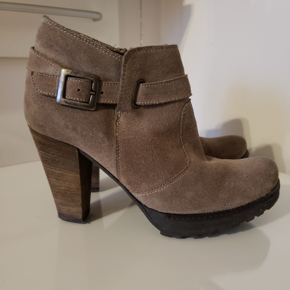Browns Italian Suede Ankle Buckle Boot Side Zipper Taupe Wooden Heels Woman 37 - Picture 5 of 12